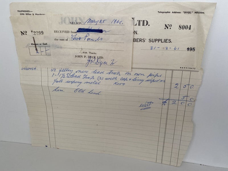 VINTAGE INVOICE: John P. Dyce Ltd, Nelson - Plumbers Suppliers 1961 Carousel 3