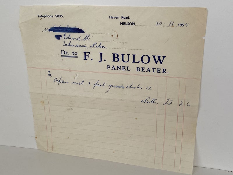 VINTAGE INVOICE: F. J. Bulow Panel Beater; Nelson 1955 Carousel 2