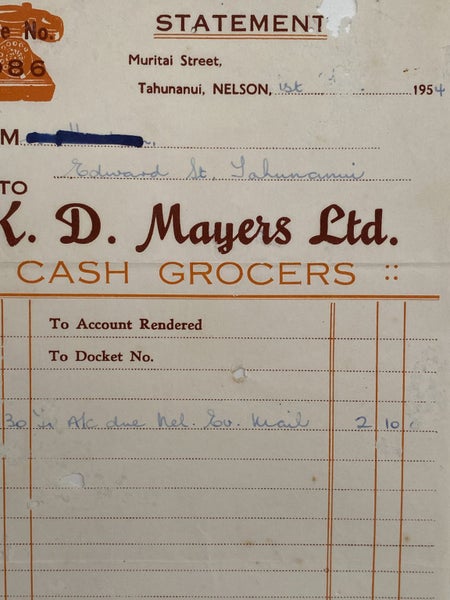 VINTAGE INVOICE: K. D Mayers Ltd, Nelson - Cash Grocers 1954 Carousel 1