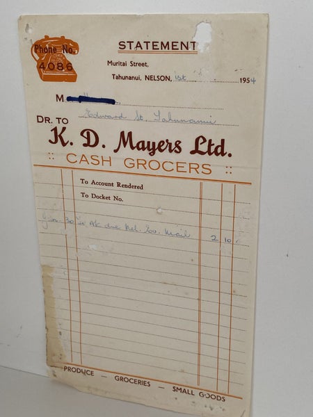 VINTAGE INVOICE: K. D Mayers Ltd, Nelson - Cash Grocers 1954 Carousel 2
