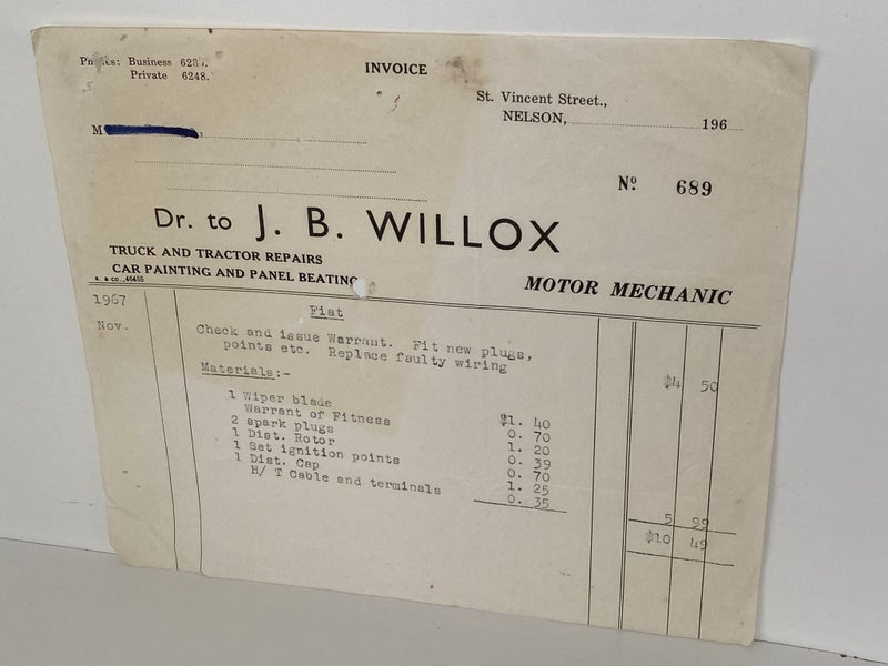 VINTAGE INVOICE: J. B. Willox, Nelson - Motor Mechanic 1967 Carousel 2