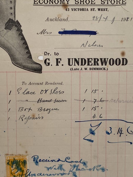 ANTIQUE INVOICE: G. F. Underwood, Auckland - Shoe Store 1921 (103yo) Carousel 1
