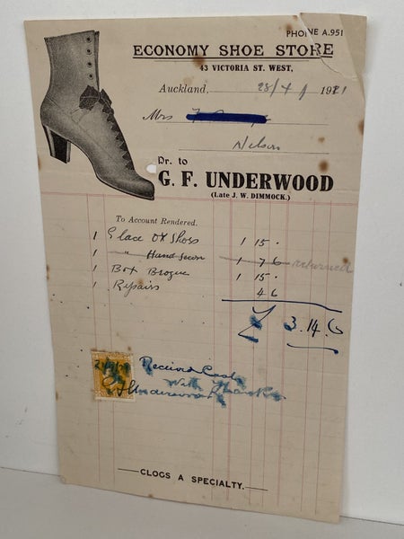 ANTIQUE INVOICE: G. F. Underwood, Auckland - Shoe Store 1921 (103yo) Carousel 2