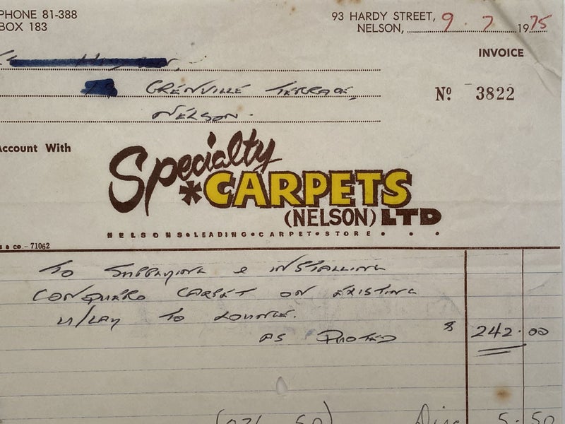 VINTAGE INVOICE: Specialty Carpets (Nelson) Ltd 1975 Carousel 1