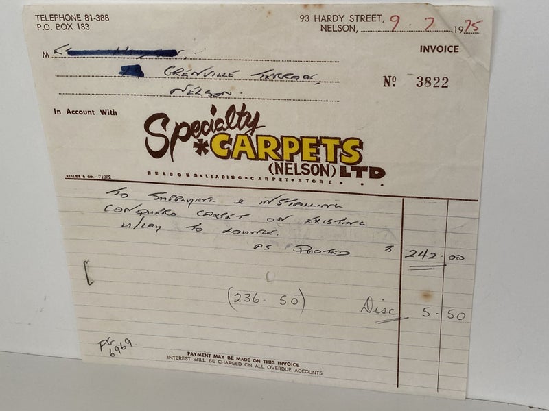 VINTAGE INVOICE: Specialty Carpets (Nelson) Ltd 1975 Carousel 2