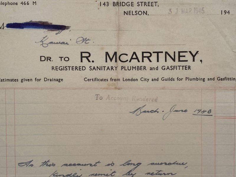 VINTAGE INVOICE: R. McArtney, Nelson - Plumber and Gasfitter 1945 Carousel 1