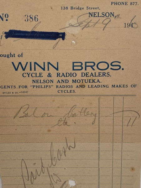 VINTAGE INVOICE: Winn Bros, Nelson - Cycle and Radio Dealers 1946 Carousel 1
