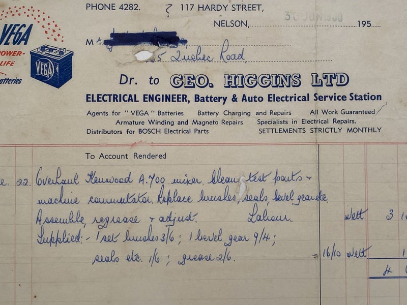 VINTAGE INVOICE: Geo. Higgins Ltd, Nelson - Electrical Engineer 1960 Carousel 1