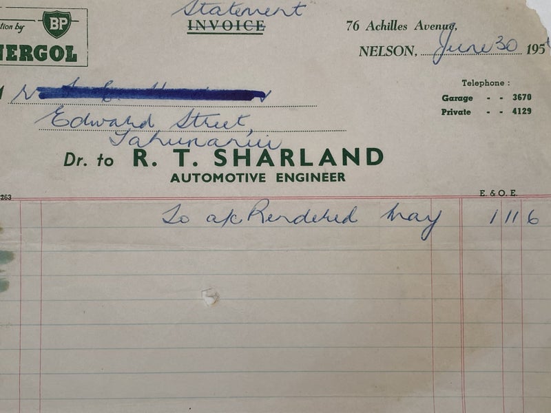 VINTAGE INVOICE: R. T. Sharland, Nelson - Automotive Engineer 1956 Carousel 1