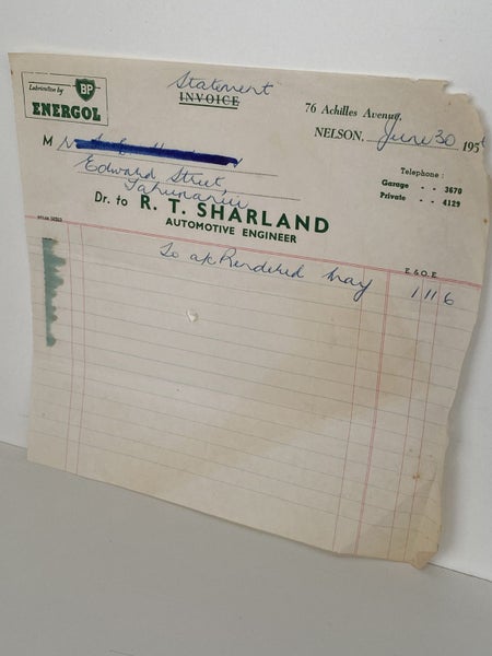 VINTAGE INVOICE: R. T. Sharland, Nelson - Automotive Engineer 1956 Carousel 2