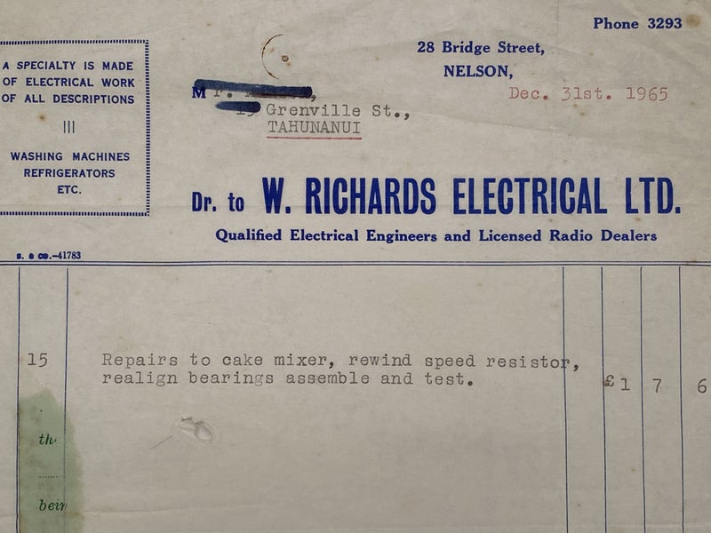 VINTAGE INVOICE: W. Richards Electrical Ltd - Electrical & Radio Dealers 1965 Carousel 1