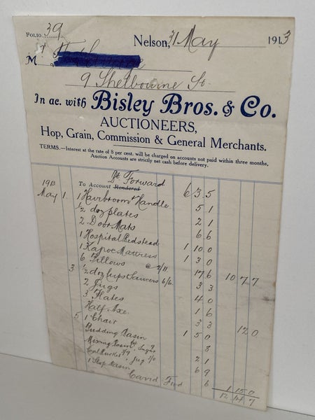 ANTIQUE INVOICE: Bisley Bros & Co, Nelson - Auctioneers 1913 (111yo) Carousel 2