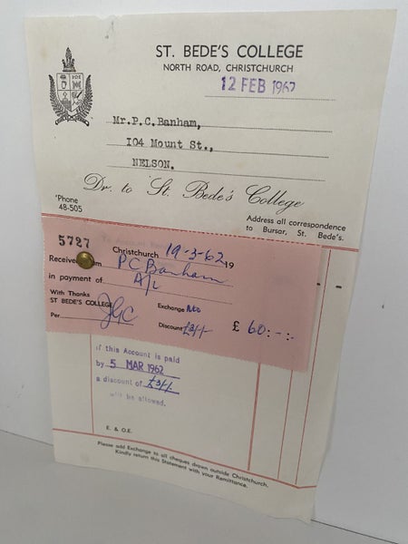 VINTAGE INVOICE: St Bede's College, Christchurch 1962 Carousel 2