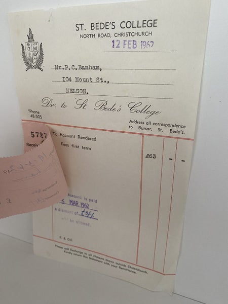 VINTAGE INVOICE: St Bede's College, Christchurch 1962 Carousel 3