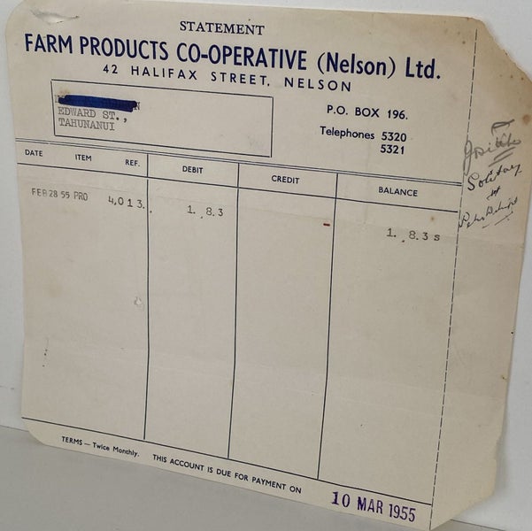 VINTAGE INVOICE / STATEMENT: Farm Products Co-operative (Nelson) Ltd 1955 Carousel 3