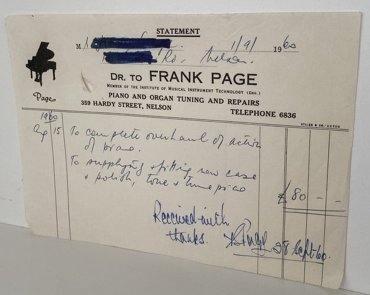 VINTAGE INVOICE: Frank Page, Nelson - Piano & Organ Tuning 1960 Carousel 2
