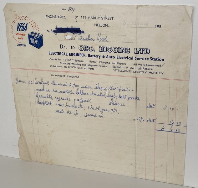 VINTAGE INVOICE: Geo. Higgins Ltd, Nelson - Electrical Engineer 1960 Carousel 2