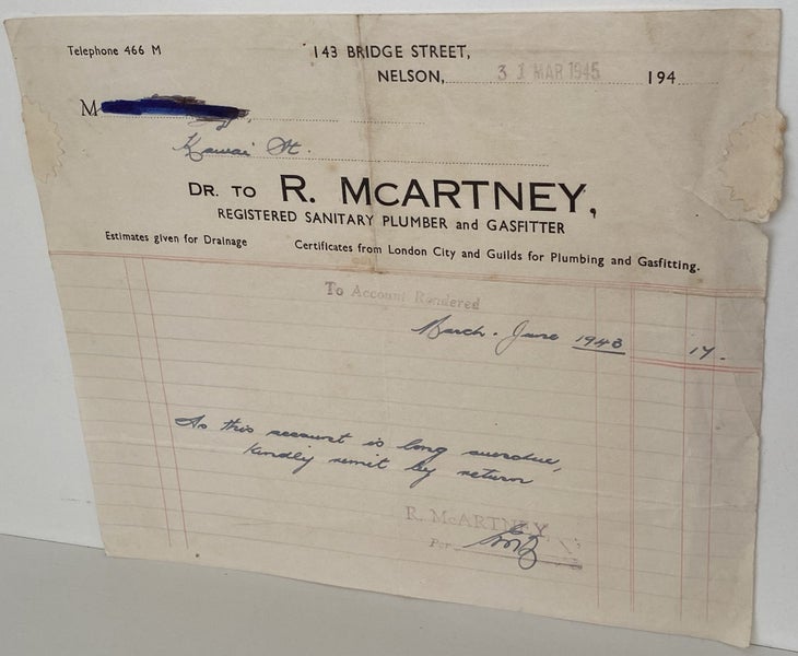 VINTAGE INVOICE: R. McArtney, Nelson - Plumber and Gasfitter 1945 Carousel 2