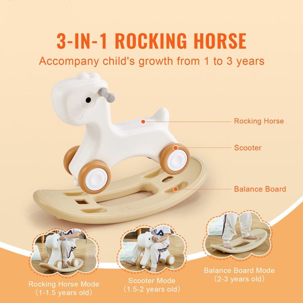 New 3 in 1 Rocking Horse for Toddlers 1-3 Years Ride on Toy with Board White Carousel 2