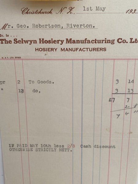 VINTAGE INVOICE: The Selwyn Hosiery Manufacturing Co. Ltd 1935 Carousel 1