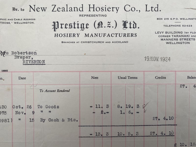 VINTAGE INVOICE: New Zealand Hosiery Co. Ltd, Wellington 1934 Carousel 1