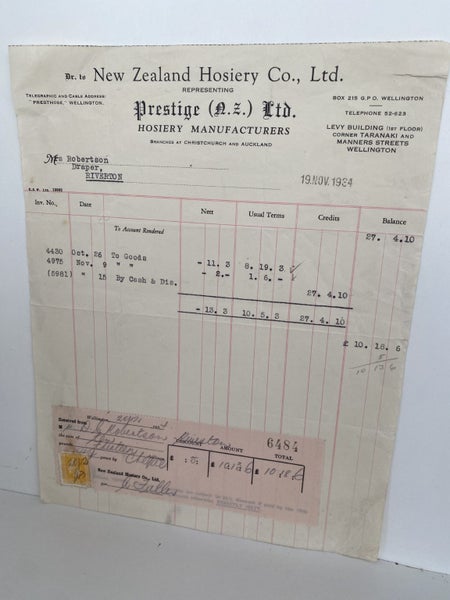 VINTAGE INVOICE: New Zealand Hosiery Co. Ltd, Wellington 1934 Carousel 2