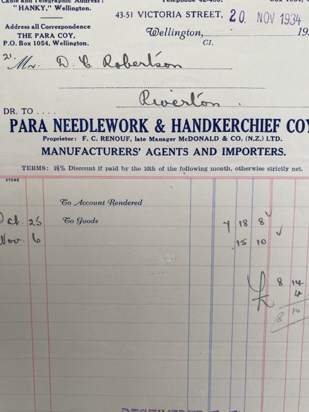 VINTAGE INVOICE: Para Needlework & Handkerchief Company, Wellington 1934 Carousel 1
