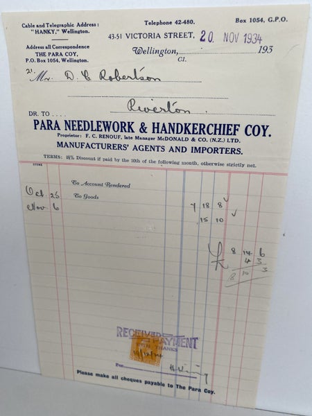 VINTAGE INVOICE: Para Needlework & Handkerchief Company, Wellington 1934 Carousel 2
