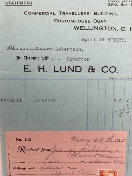 VINTAGE INVOICE / RECEIPT: E.H. Lund & Co. Wellington 1935 Carousel 1