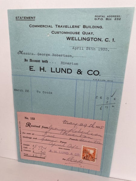 VINTAGE INVOICE / RECEIPT: E.H. Lund & Co. Wellington 1935 Carousel 2