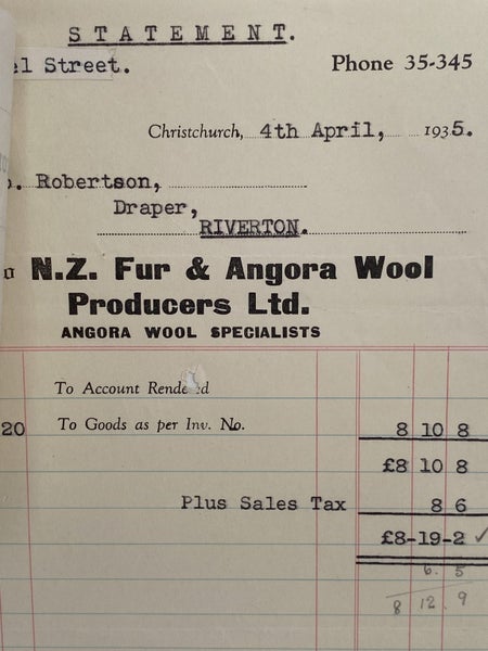 VINTAGE INVOICE: N.Z. Fur & Angora Wool Producers Ltd, Christchurch 1935 Carousel 1