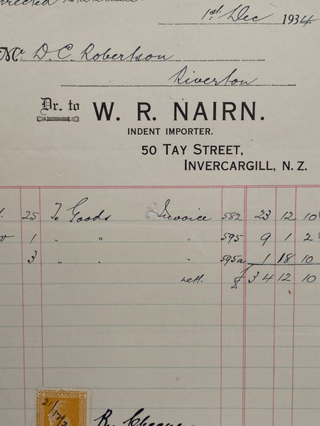 VINTAGE INVOICE: W.R. Nairn Invercargill – Indent Importer 1934 Carousel 1