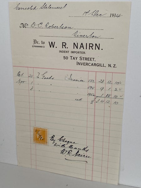 VINTAGE INVOICE: W.R. Nairn Invercargill – Indent Importer 1934 Carousel 2