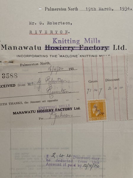 VINTAGE INVOICE: Manawatu Knitting Mills Ltd. - Palmerston North 1934 Carousel 1