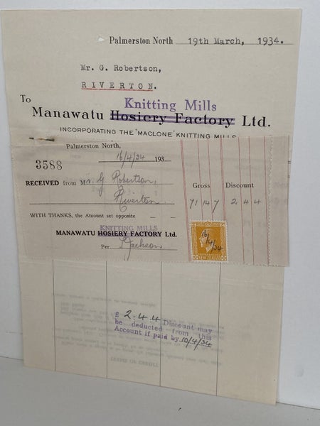 VINTAGE INVOICE: Manawatu Knitting Mills Ltd. - Palmerston North 1934 Carousel 2
