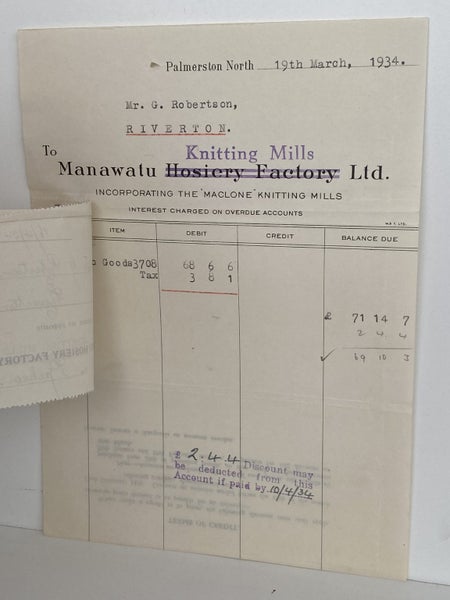 VINTAGE INVOICE: Manawatu Knitting Mills Ltd. - Palmerston North 1934 Carousel 3