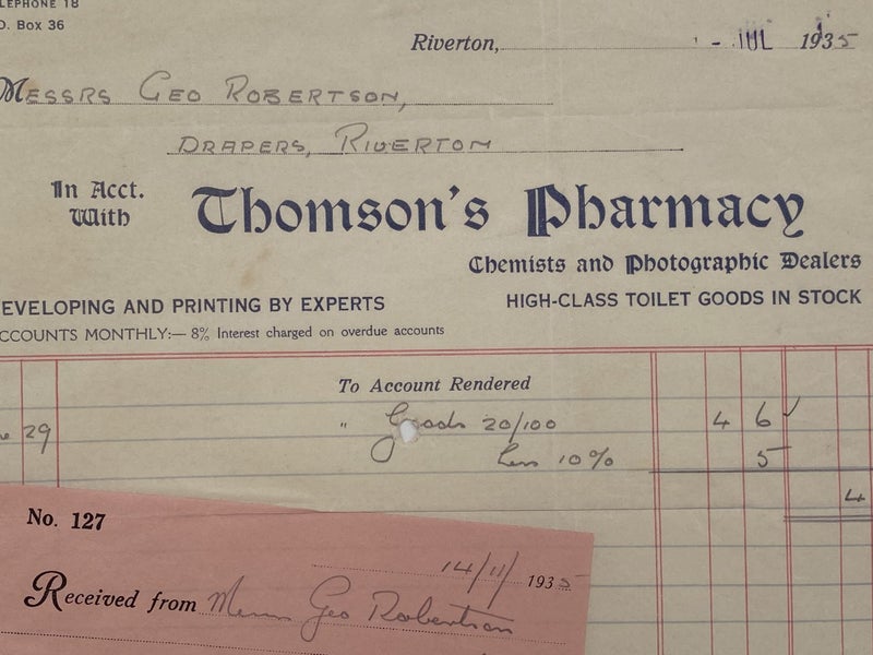 VINTAGE INVOICE: Thomson’s Pharmacy, Riverton – Chemists 1935 Carousel 1