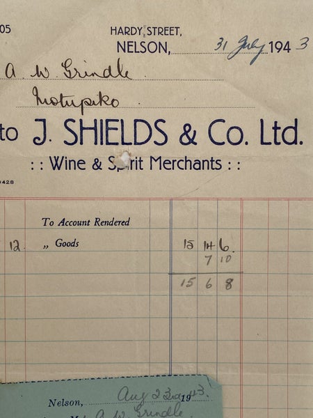VINTAGE INVOICE: J. Shields & Co. Ltd, Nelson – Wine Merchants 1943 Carousel 1