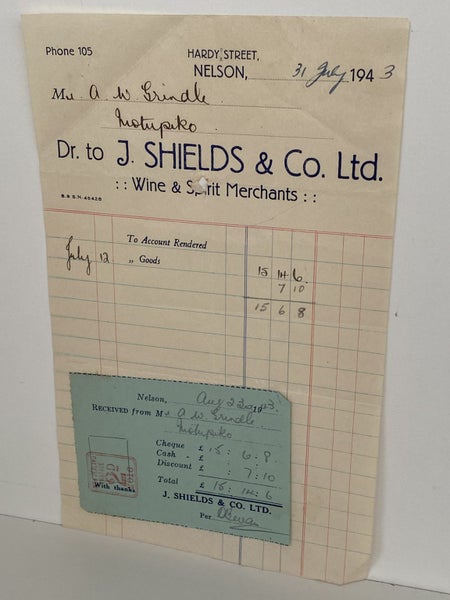 VINTAGE INVOICE: J. Shields & Co. Ltd, Nelson – Wine Merchants 1943 Carousel 2