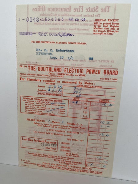 VINTAGE INVOICE: The Southland Electric Power Board, Invercargill and Gore 1934 Carousel 2