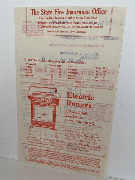 VINTAGE INVOICE: The Southland Electric Power Board, Invercargill and Gore 1934 Carousel 3
