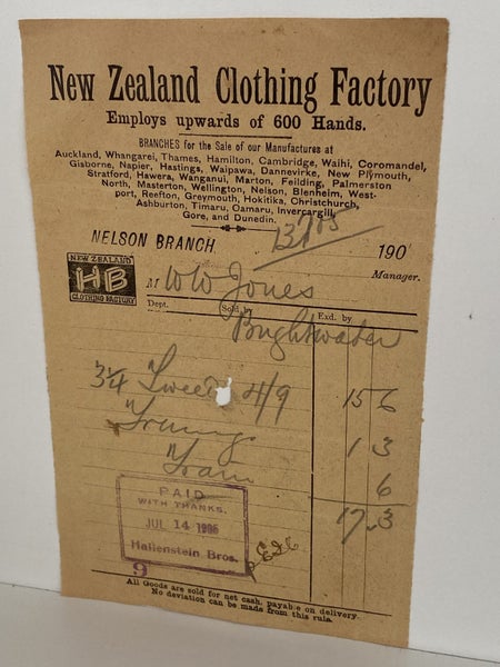ANTIQUE INVOICE: New Zealand Brothers Clothing Factory, Nelson 1906 (118yo) Carousel 2