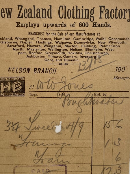 ANTIQUE INVOICE: New Zealand Brothers Clothing Factory, Nelson 1906 (118yo) Carousel 1