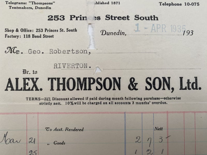 VINTAGE INVOICE: Alex Thompson & Son, Ltd. Dunedin 1935 Carousel 1