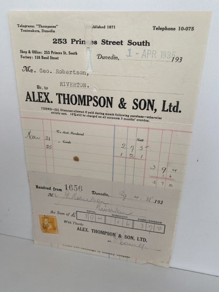 VINTAGE INVOICE: Alex Thompson & Son, Ltd. Dunedin 1935 Carousel 2
