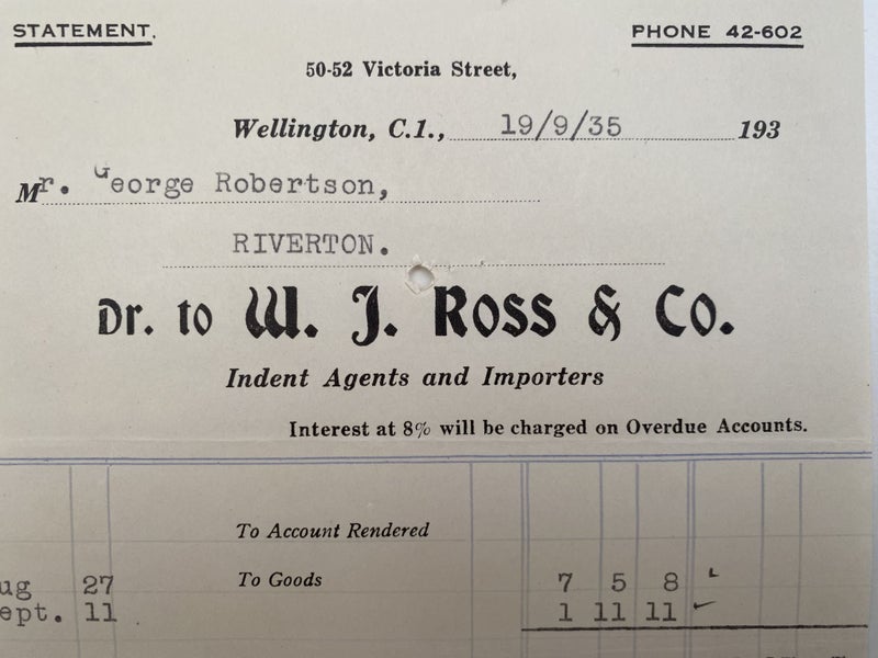 VINTAGE INVOICE: W. J. Ross & Co, Wellington – Agents & Importers 1935 Carousel 1