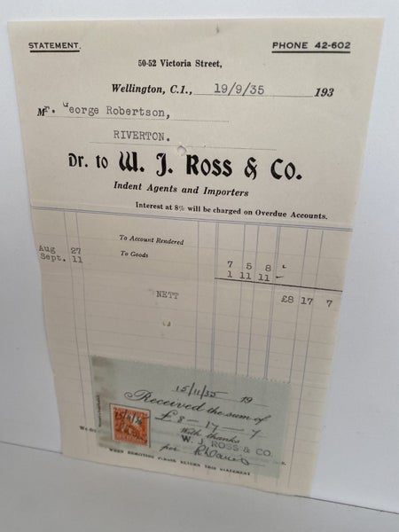 VINTAGE INVOICE: W. J. Ross & Co, Wellington – Agents & Importers 1935 Carousel 2
