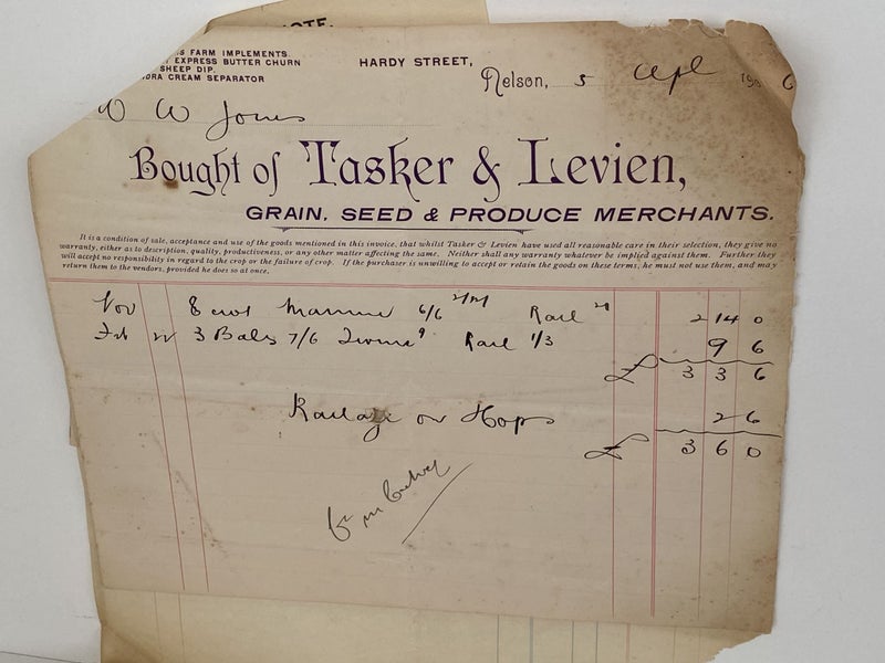 ANTIQUE INVOICE / RECEIPTS: Tasker & Levien, Nelson – Grain, Seed & Produce 1906 Carousel 2