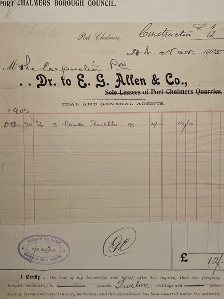 ANTIQUE INVOICE / RECEIPT: E.G. Allen & Co. Port Chalmers - Coal & Agents 1905 Carousel 1