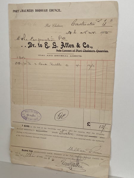 ANTIQUE INVOICE / RECEIPT: E.G. Allen & Co. Port Chalmers - Coal & Agents 1905 Carousel 2